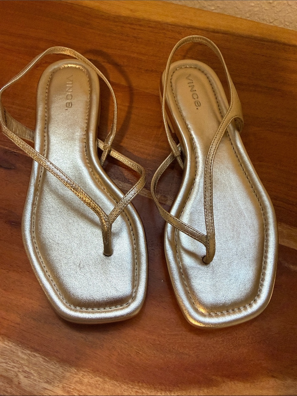 Vince Metallic Gold Square-Toe Thong Sandals